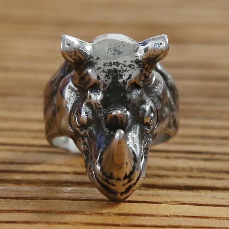 Gedetailleerde Neushoorn Hoofd Punk Biker Ring Mannen Rvs Hip Hop Ring Mannen Dier Sieraden Party Voor Hem