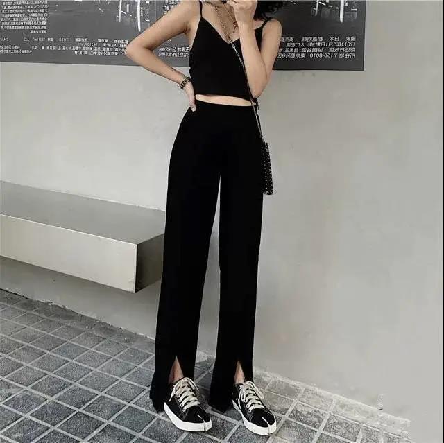 Holle Wijde Pijpen Broek Casual Broek Vrouwen Zomer Stijl Boog-Knoop Persoonlijkheid Split Veters Hoge Taille Broek streetwear Broek: Split fork / Xl
