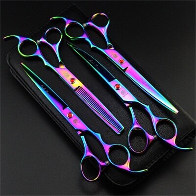 7.0 inch Professionele Huisdier Schaar Hond Verzorgen Schaar Set Straight &amp; Gebogen &amp; Dunner 4 stks Set Huisdier haircut Gereedschap: Colorful  P-704