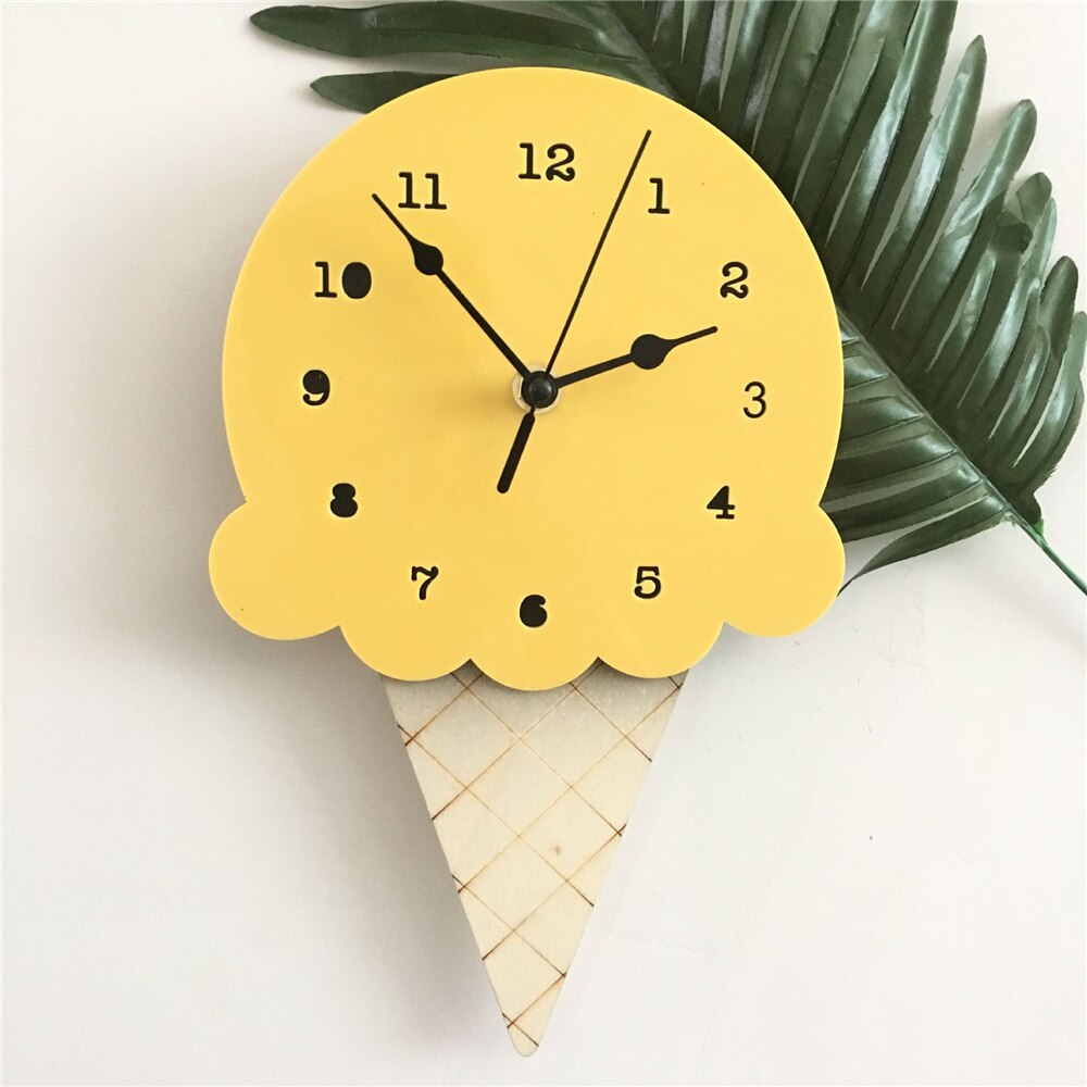 Nordic Ice Cream Wall Clocks Cute Creativity Cartoon Mute Watch Wall Home Decor Kids Room Wall Decoration Cute Ornament: Yellow