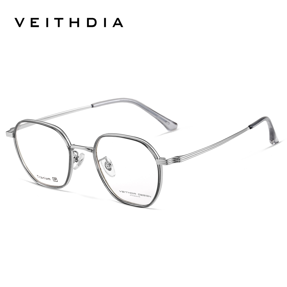 Veithdia-briller optiske titanbriller med +tr90 innfatninger, tilpassbare styrkeglass, menn og kvinner, nærsynthet, databriller med  v5037 innfatninger: Grå