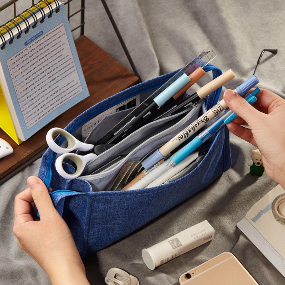 Large Capacity Pencil Case Double Handle Canvas Pencil Bag Storage Box School Stationery Organizer Pencil Storage Pouch Bag