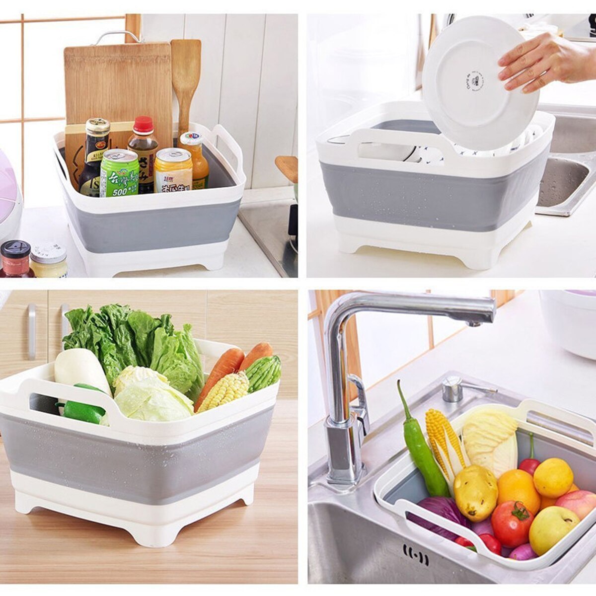 1pc Silicone Dish Tub Collapsible Collapsible Drain Plug Carry Handles Washing Basin Drainer Sink Colander Camping