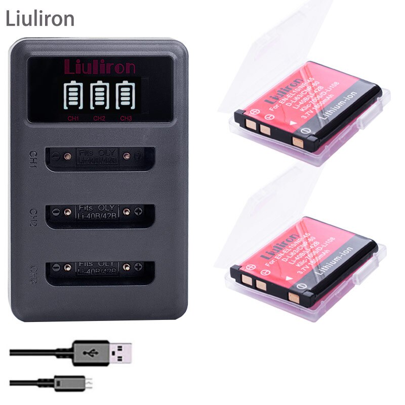 4x Li-40B Li 40B 42B batería + cargador para Olympus Li-42B NP-45 para Nikon EN-EL10 D-Li63 D-Li108 NP-80 CNP80 KLIC-7006: charger and 2battery