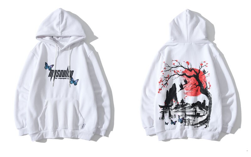 Gonthwid Hoodies Streetwear Hip Hop Chinese Stijl Landschap Vlinder Print Hoody Mannen Harajuku Casual Pullover Tops: White / XXL