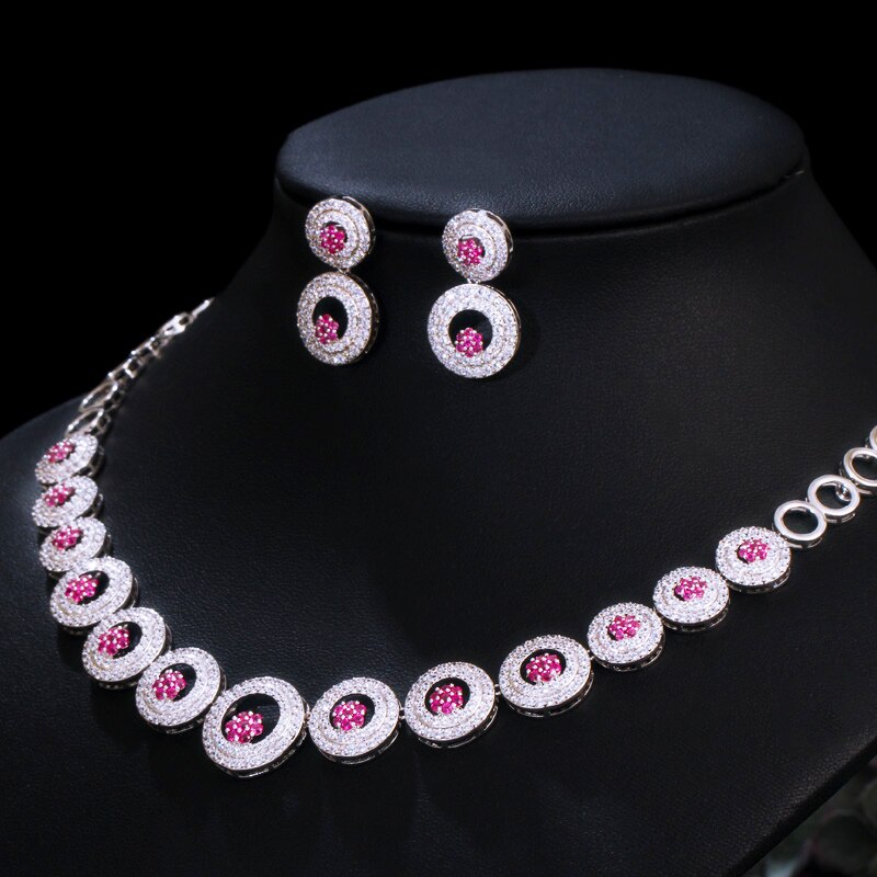 CWWZircons vert cubique Zircon pierre grandes boucles d'oreilles rondes et collier de ensemble de bijoux de mariée accessoires de fête de bal T444