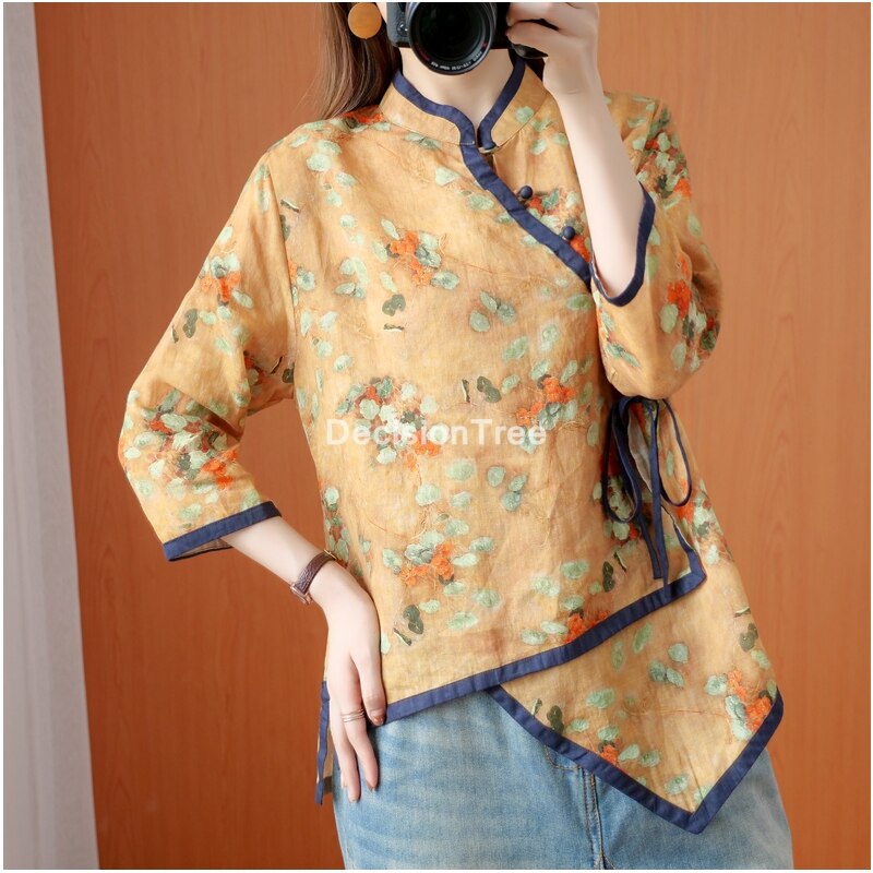 Camisa tradicional china de algodón para mujer, tops de estilo chino, ropa de té folclórica retro, blusas con estampado de flores, Blusa de gasa diaria 2022: XL