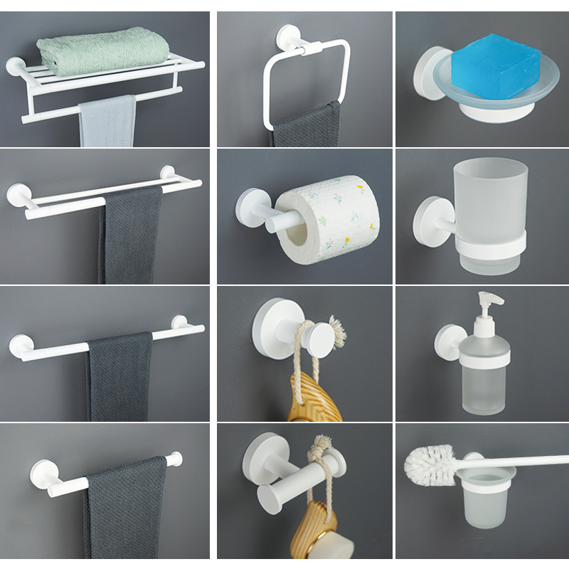 Juego de accesorios de baño blanco mate, soporte de toalla de baño, soporte de papel, gancho para bata, cepillo de inodoro, jabonera, estante de toalla