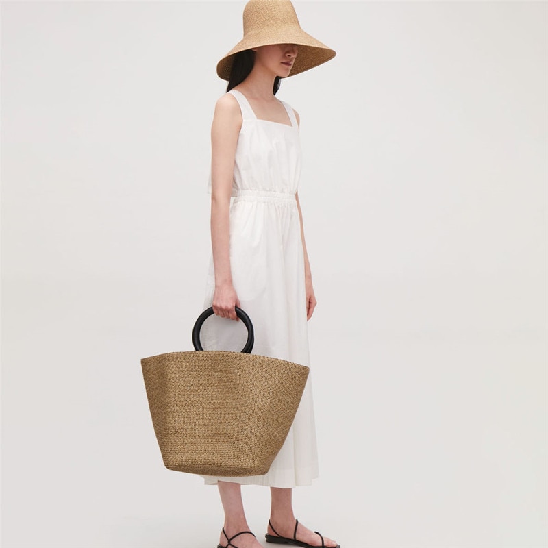 sac à main en paille manche en bois grande capacité papier corde tissé sac de paille nouvelle été voyage sac de plage