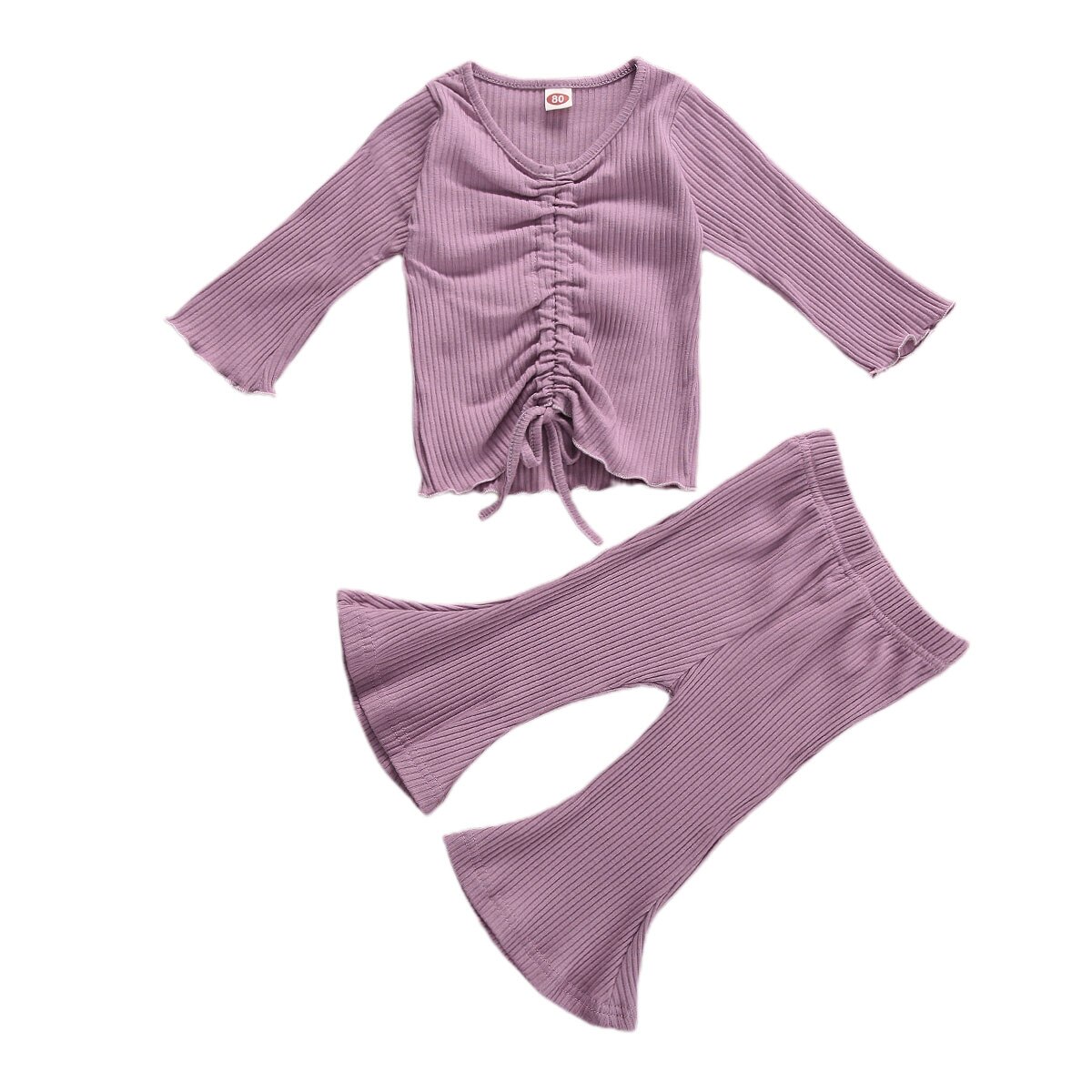 Infant Kids Baby Meisje Geribbeld Solid Set Uitlopende Mouwen Pak Lange Mouwen Tops Shirt Broek Navel Trekkoord Lente Kleding: Paars / 6m