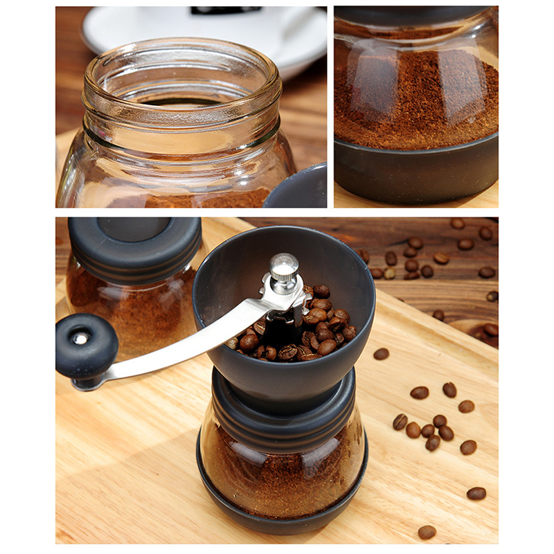 Manuel kaffekværn med glas med opbevaringskrukke blød børste konisk keramisk burr stille og bærbar