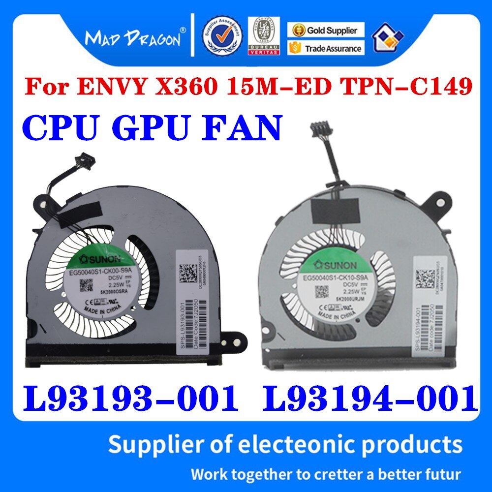 original CPU Cooling fan VIDEO GPU Cooling Fan left right Fan For HP ENVY X360 15M-ED TPN-C149 FAN L93193-001 L93194-001: L93193 L93194 -001