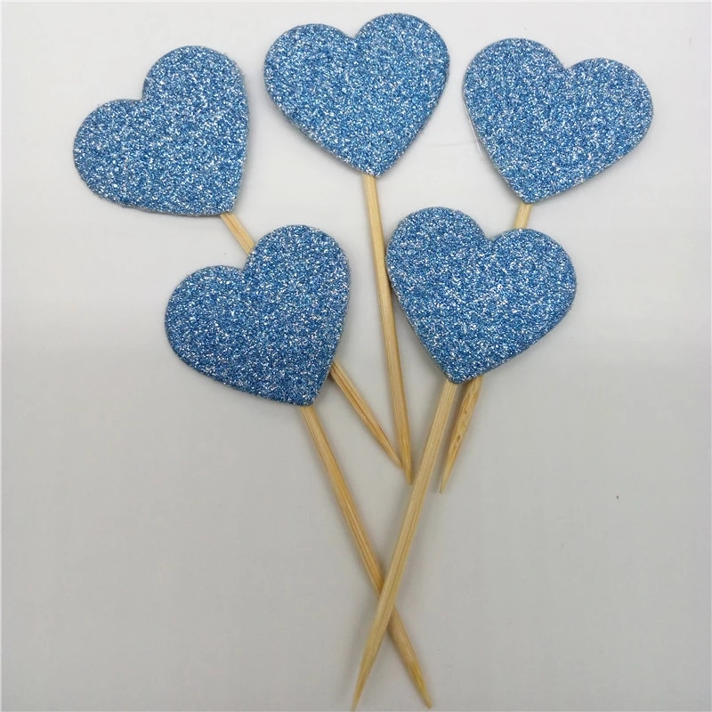 30 pièces/ensemble belle paillettes coeur étoile forme Cupcake Toppers anniversaire fête de mariage décoration gâteau décoration de gâteau nourriture Pi: Blue gold