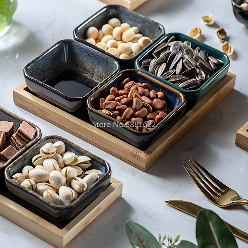 Ceramic Grid Fruit Plate Snack Plate Serving Platter Japanese Small Dish with Tray Home Desktop Dried Fruit Snack Tray