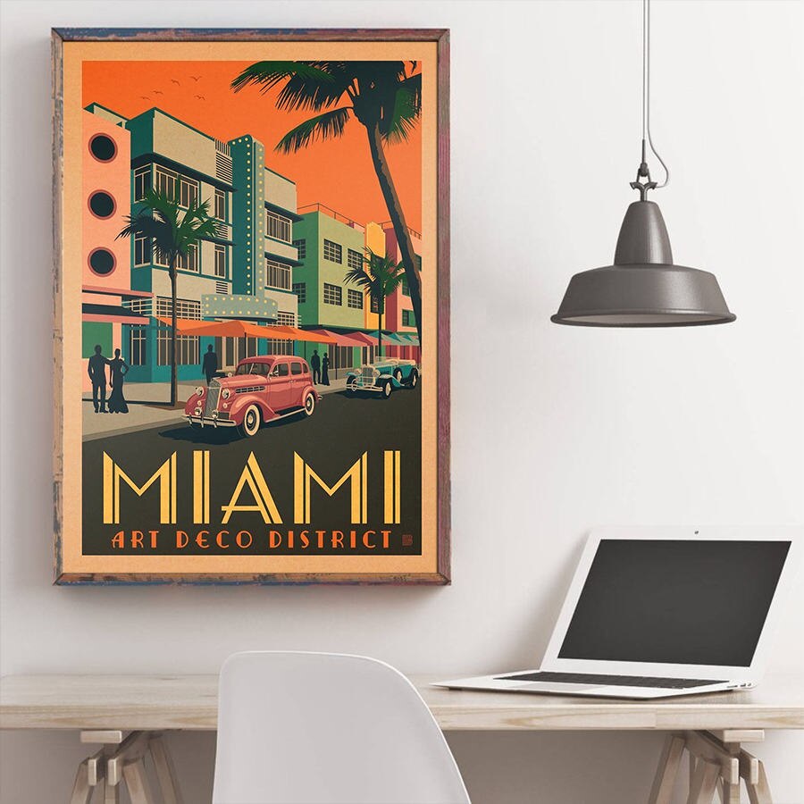Miami city rejse plakat håndmalet turistattraktioner vintage kraftpapir pub cafe soveværelse hjem indretning væg klistermærke 42 x 30cm