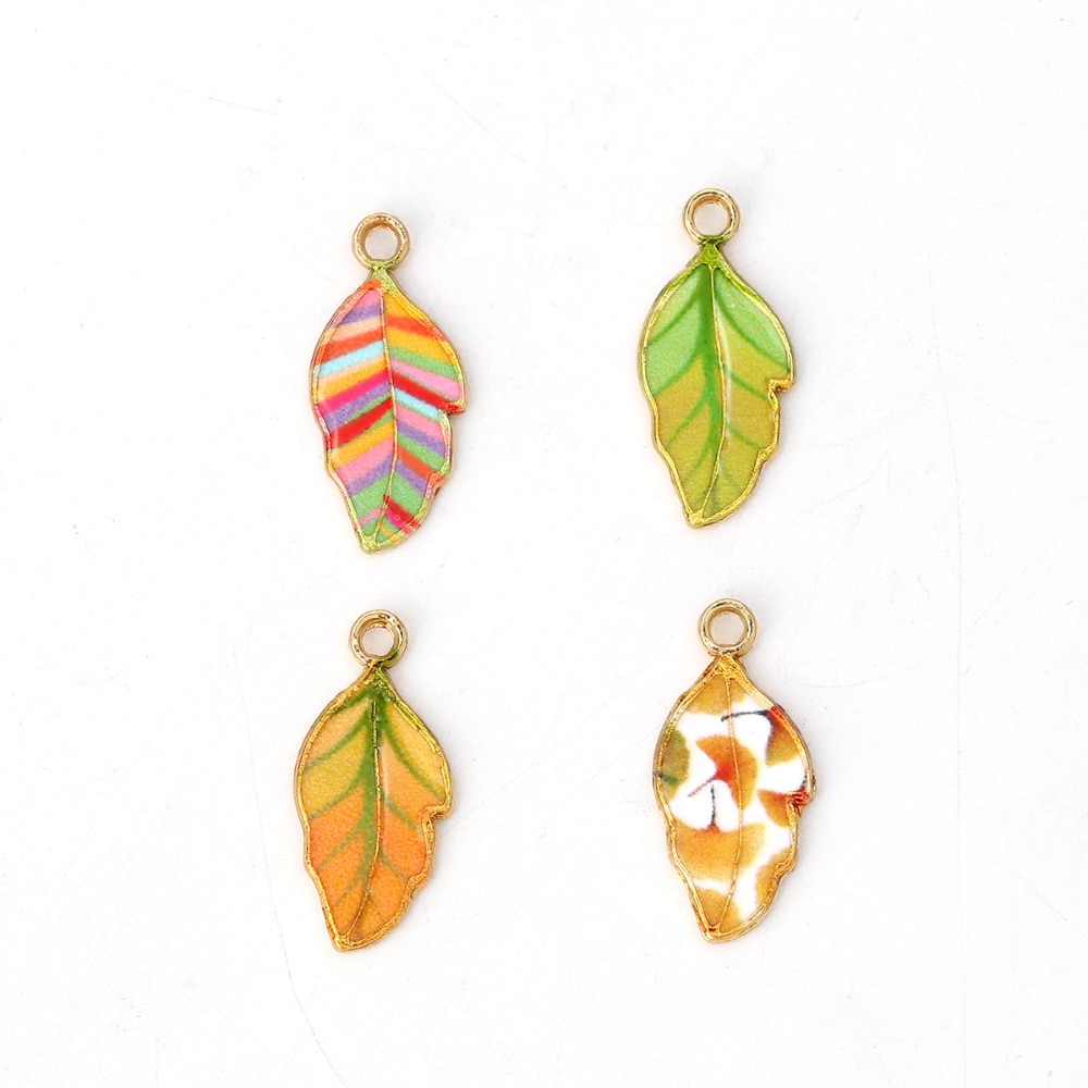 DoreenBeads-abalorios de aleación de Zinc para manualidades, hojas de oro, amarillo, verde, esmalte colorido, 22mm( 7/8 &quot;) x 10mm( 3/8&quot;), 10 piezas