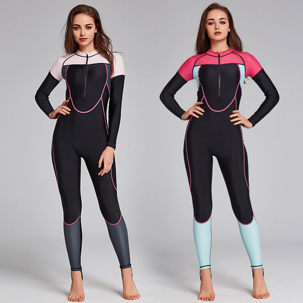 Vrouwen Zomer Effen Zonnebrandcrème Lange Mouwen Rits Een Stuk Zwemmen Surfen Snorkelen Duiken Overall Badpak Stroje Kapielowe # G4
