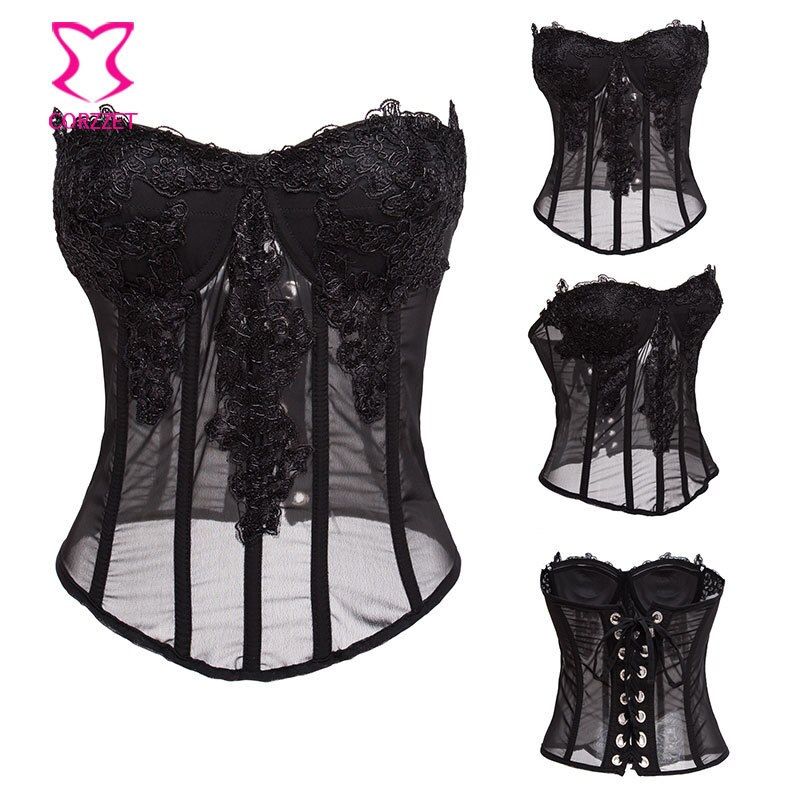 Corzzet Pink Lace Floral Appliques Sexy Lingerie Overbust Corset Lace Up Steampunk Corset Clothing Gothic Corselet: Black / S