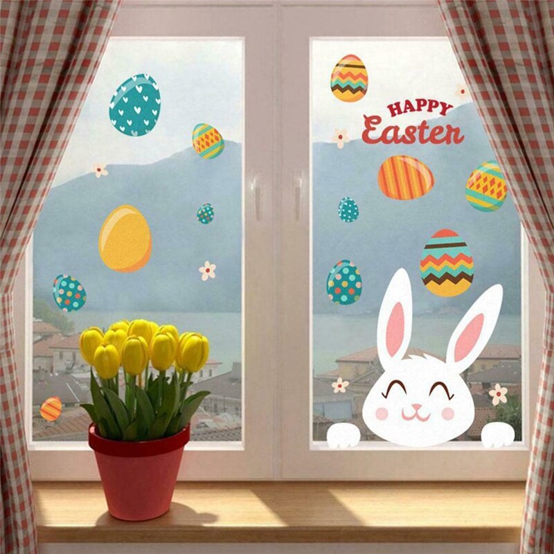 Wall Window Stickers Rabbit Bunny Egg Sticker Happy Easter PVC Sticker DIY Arrangement Home Windows Wall Decor #40