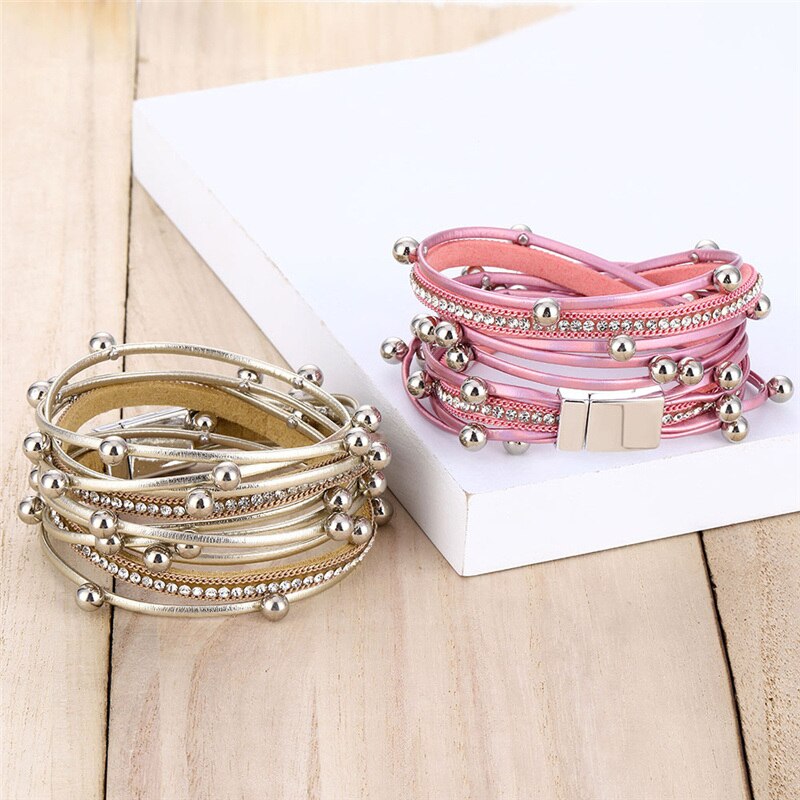 Rosa Leder Armbänder Für Frauen Kristall Metall Perlen Charme Armbinde Bohemien mehrschichtig wickeln Armbinde Femme Schmuck