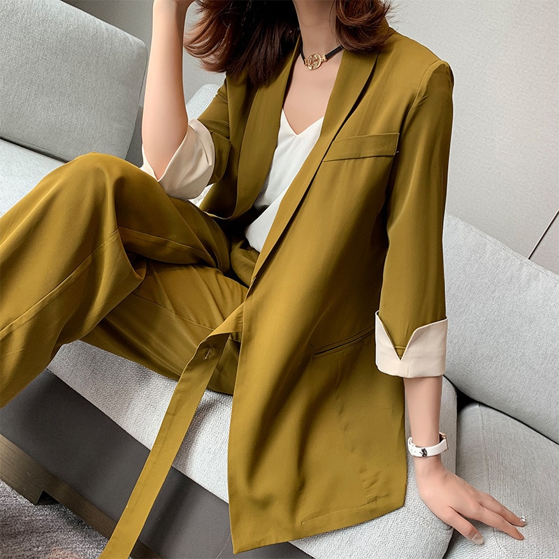 Summer Spring Women Lace Up Pant Suit Notched Blazer Jacket & Wide Leg Pant Office Wear Suits Female Sets Plus Size 5XL: Olive green / XXL