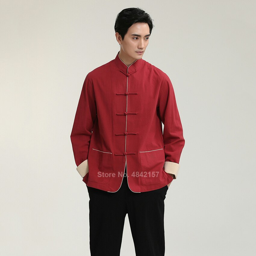 Tops Hanfu de estilo chino para hombres, traje Tang de manga larga de lino, chaqueta, uniforme de Tai Chi, ropa Wushu, camisas Vintage, cuello levantado: Color3 / XL