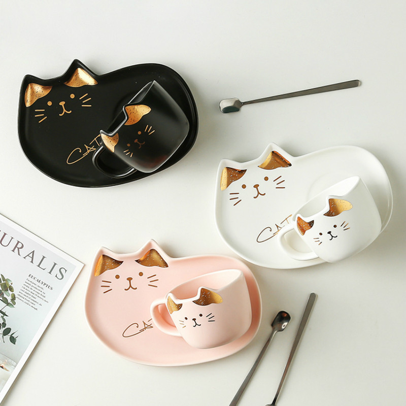 Juego de tazas de café de cerámica con dibujos animados de gato, taza de té con platillo, cuchara, desayuno, leche, café, pan, postre, plato de porcelana para mascotas