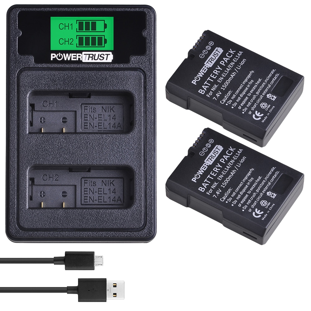 EN-EL14 EN-EL14A Battery+LCD USB Dual Charger with Type C Port for Nikon D3100 D3200 D3300 D3400 D3500 D5600 D5100 D5200 P7000