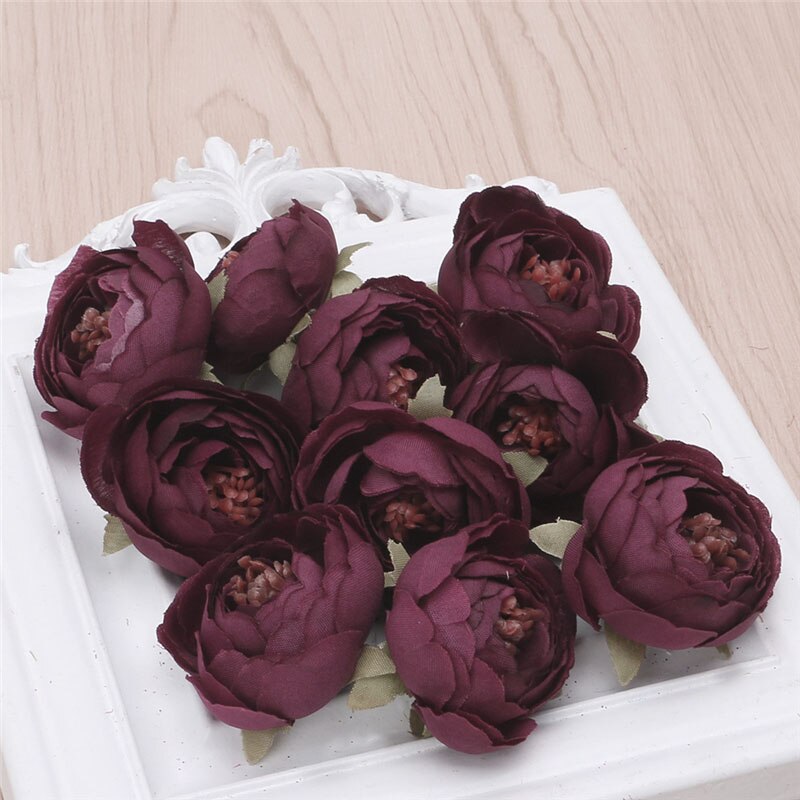 10 st siden blomma konstgjord blomma huvud konstgjord blomma bröllopsdekoration kransar bröllop bil dekoration vårdekoration: Mörkröd