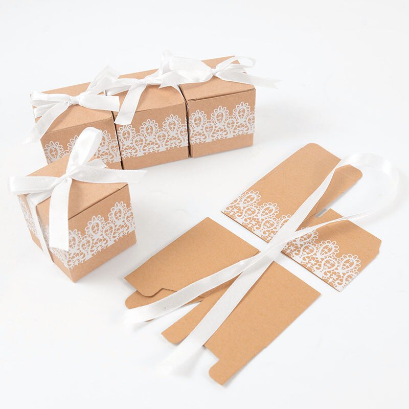 10/30/50pcs Lace Bow Candy Boxes Wedding for Guests Chocolate Packaging Box Bag Birthday Party Baby Shower Supplies: box with ribbon / 10pcs