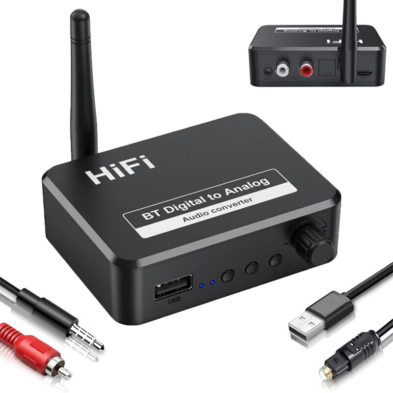 Digital-analog-audio-dac-wandler-adapter mit digitalem spdif-, optischem toslink-  to 3.5mm 3.5 -anschluss sowie rca-l/r-anschluss und bluetooth- 5.0- empfänger