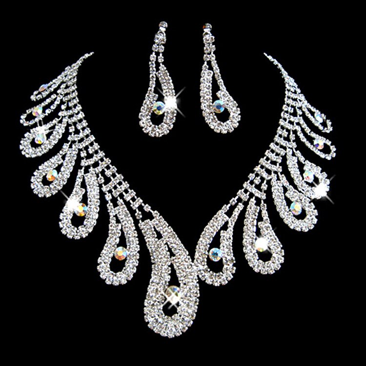 Trendy Female White Crystal Jewelry Set Charm Silver Color Dangle Earring For Women Dainty Round Zircon Wedding Chain Necklace