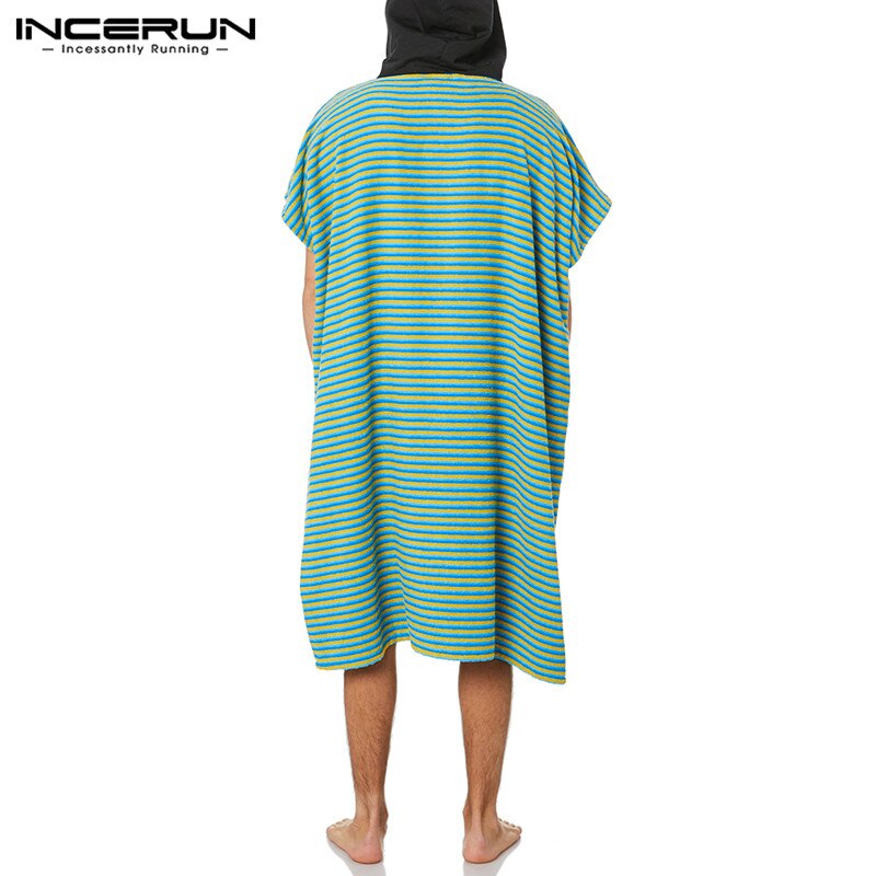 Man Patchwork Slaap Gewaden Mens Casual Badjassen Korte Mouw Hooded Nachtjapon Leisure Zakken Ademend Homewear Incerun S-5XL