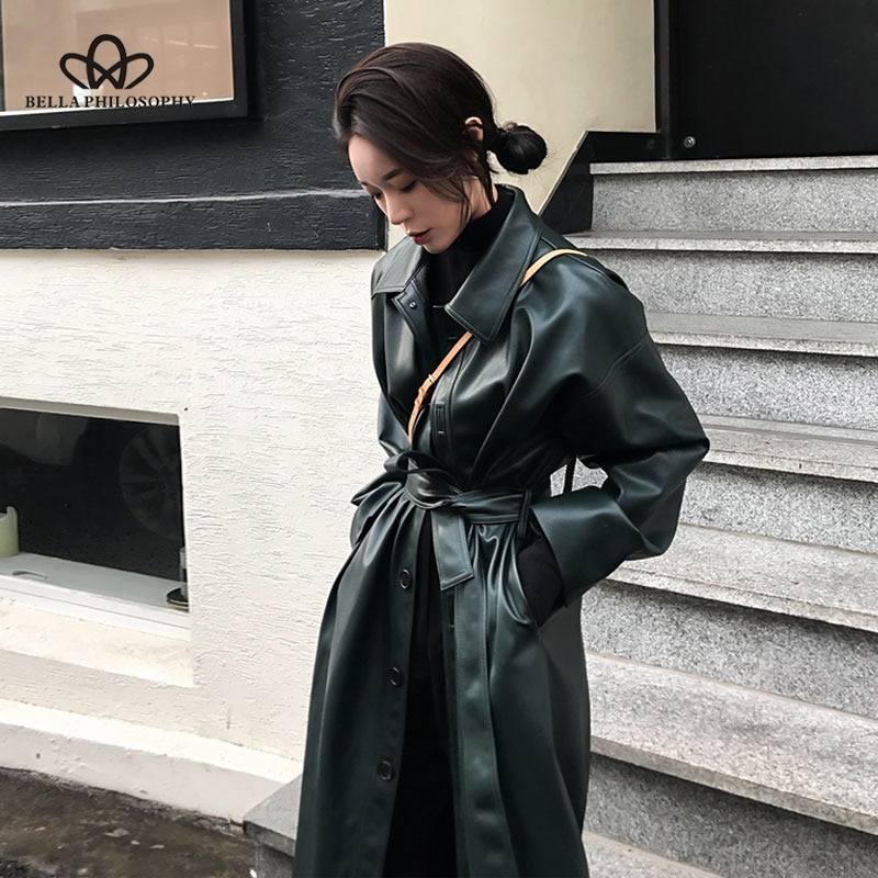 Bella philosophy Autumn Jacket Women Faux Leather Jacket Women Clothes Long Trench Coat Female Streetwear Windbreaker