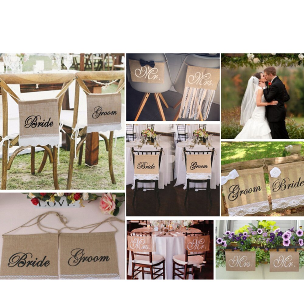 1pc Groom Bride Sign Chair Banner Chair Decor Sign Linen Flag Chair Sign for Wedding Anniversary Reception