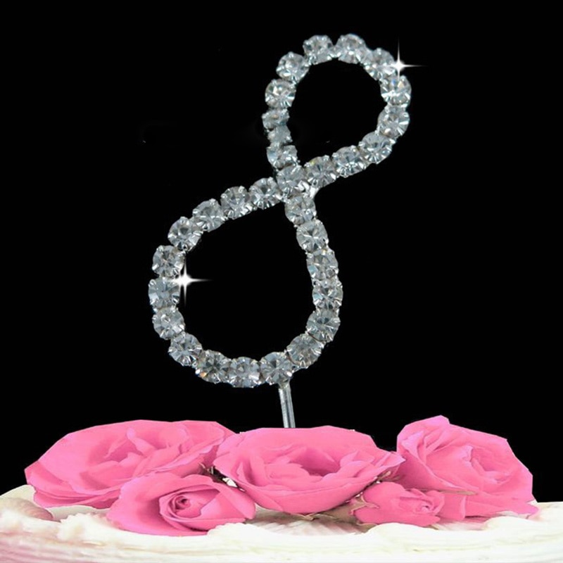 Nubmer 0 ~ 9 Verjaardag Cake Topper Rhinestone Crystal Diamond Flash Huwelijk Anniversary Silver