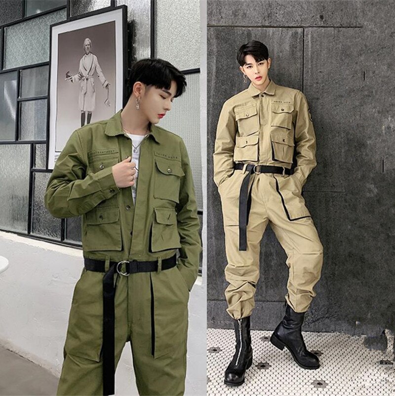 Spring Autumn streetwear Jumpsuit Men Rompers One Piece Overalls Mens Casual Multi Pockets Pants Male Clothes