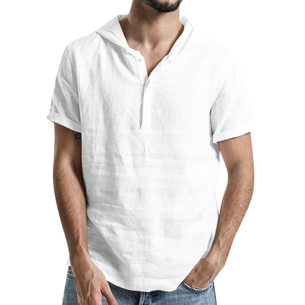 Sommer kortærmede skjorter herre 100%  hør khaki slim fit plus size toppe hættetrøje hvid khaki blå: Hvid / Xxl
