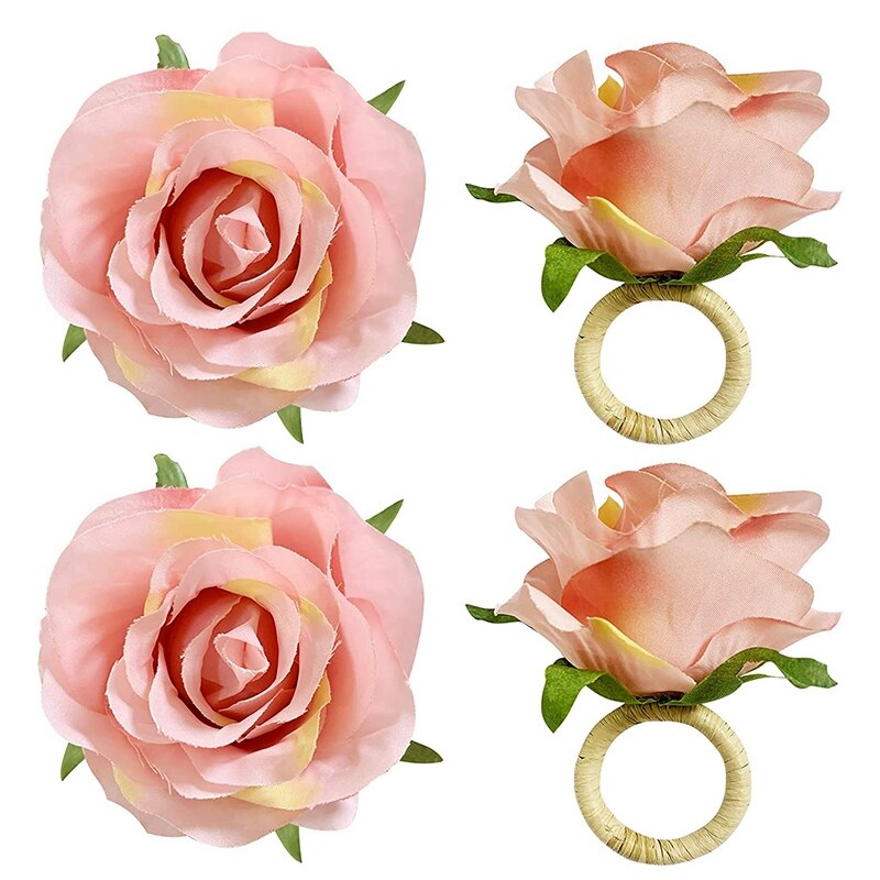 4Pcs Rose Flower Napkin Rings Crafts Vine Napkin Holder Rings Table Decorations for Wedding Valentine's Banquet