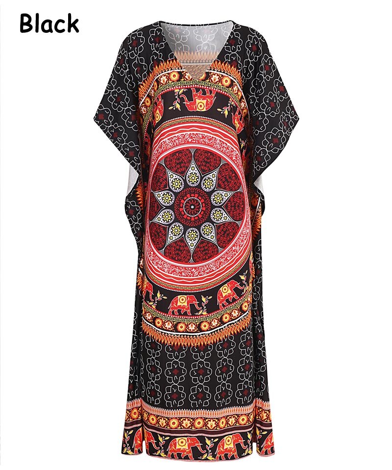 Vestidos largos de Kaftan africano de verano para mujer vestido Vintage con estampado Floral étnico de tallas grandes para mujer: Black-CS2906