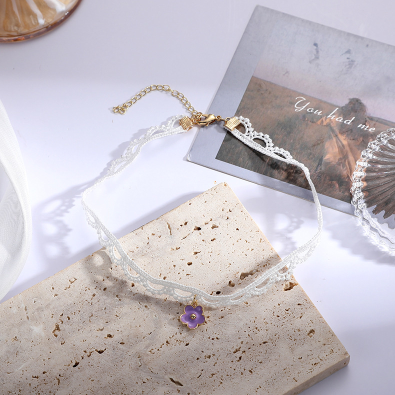 Super Fee Speelse Leuke Meisje Romantische Paars Kant Ketting Zus Korte Hals Ketting Vrouwen Sleutelbeen Keten Jk Rok Sieraden Choker: xl-1194