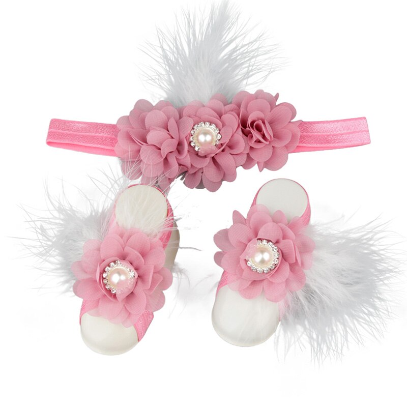 Baby Meisjes Bloem Sandaal Hoofdband Elastische Haarband & Peuter Barefoot Sandalen 1 Paar Baby Photo Prop Set