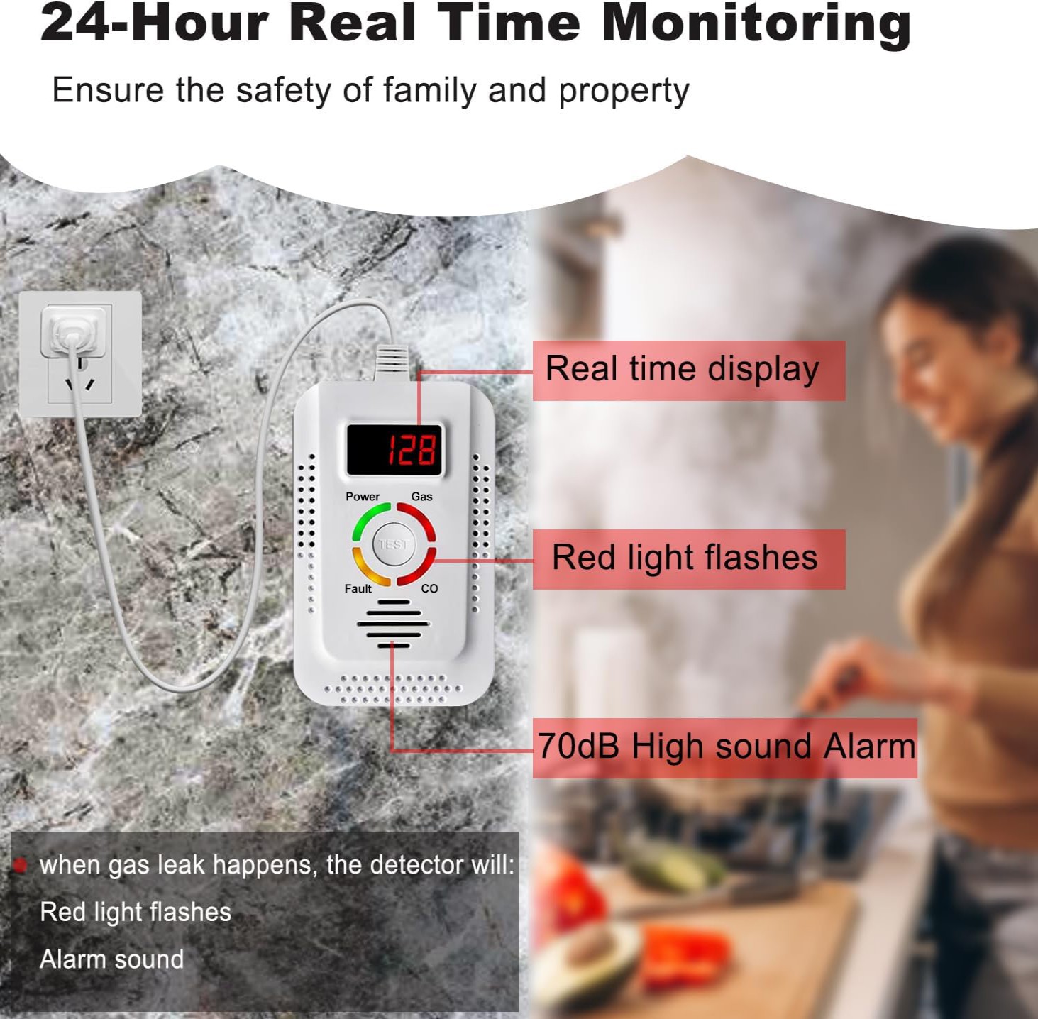 Détecteur de Gaz Naturel et de Monoxyde de Carbone, Détecteur de Fuite de Gaz Combusemballages, Moniteur pour Gaz, Co, Méthane (CH4) dans la Cuisine