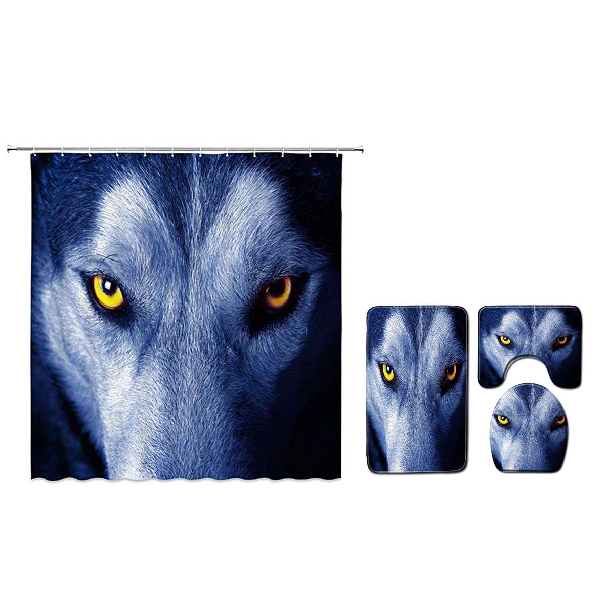 180x180cm 1 Pc/3 pièces/4 pièces blanc loup attrapeur de rêves yeux de loup avec 12 crochets salle de bain rideau de douche tapis de toilette couvercle tapis ensembles de rideaux