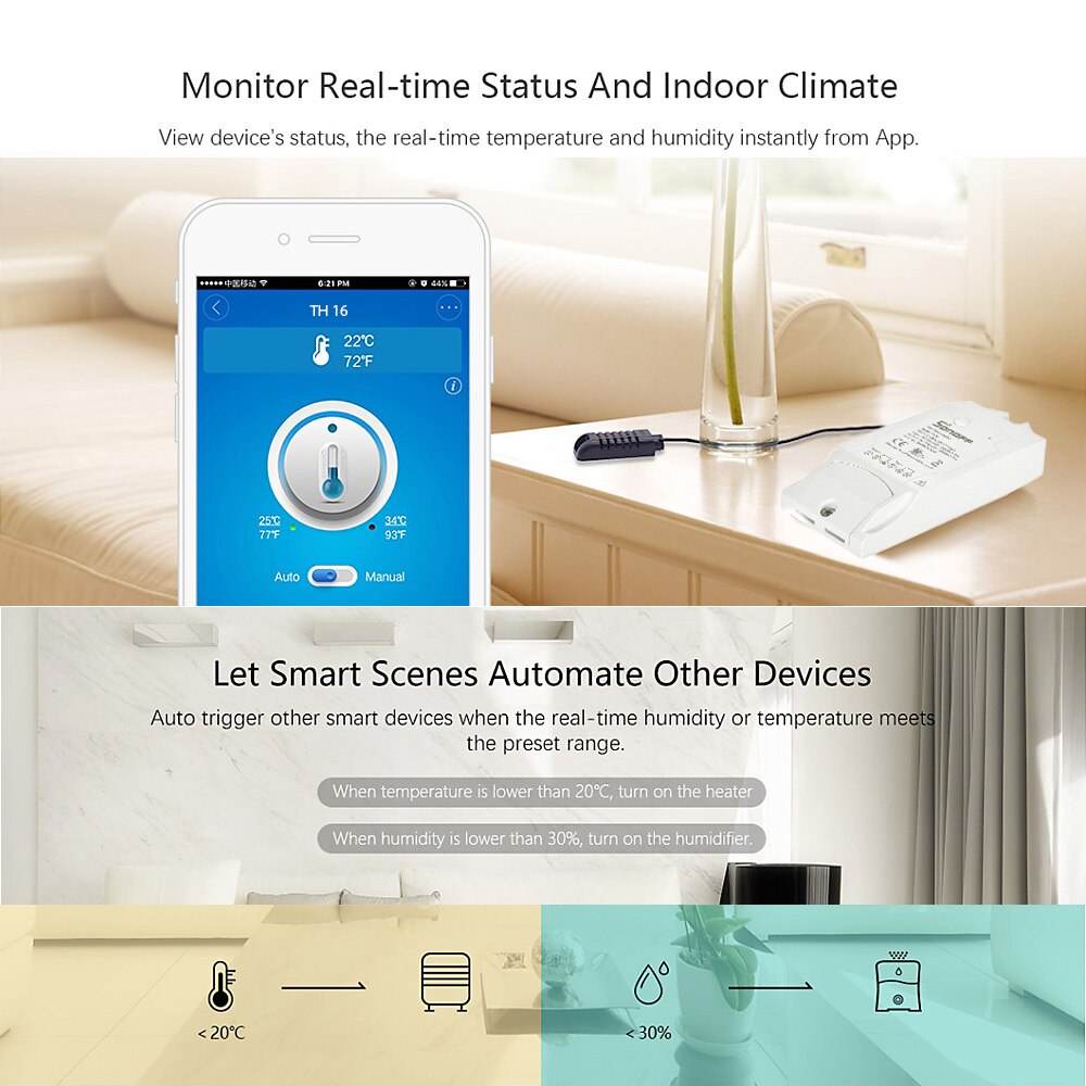 SONOFF wifi thermostat wifi Wireless Smart Switch 15A 3500W smart thermostat TH16 Monitoring Temperature Humidity Automation Kit
