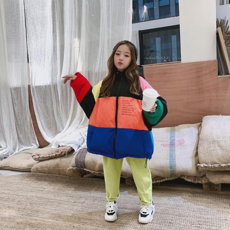 Meisjes Dikker Down Jassen Winter Hit Kleur Afdrukken Losse Down Jassen Kinderen Bovenkleding Kids Tops Parka Ws1288