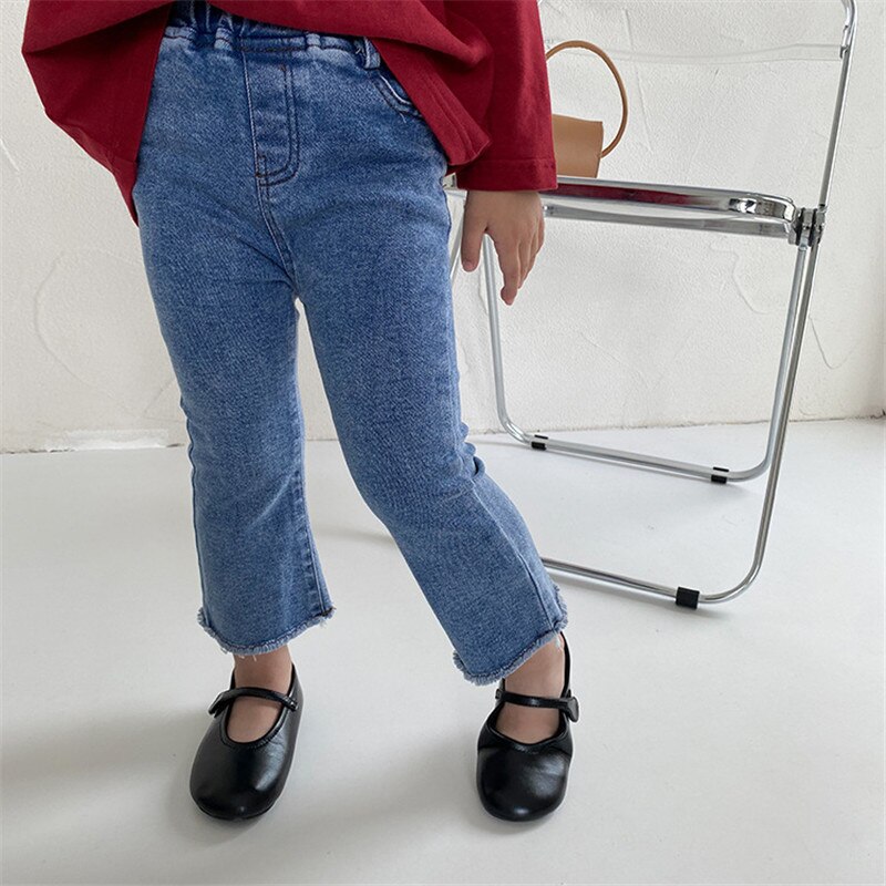 Herfst schattige meisjes elastische franjes uitlopende broek 1-7 jaar kinderen effen kleur denim broek meisje katoenen casual all-match jeans: 3t