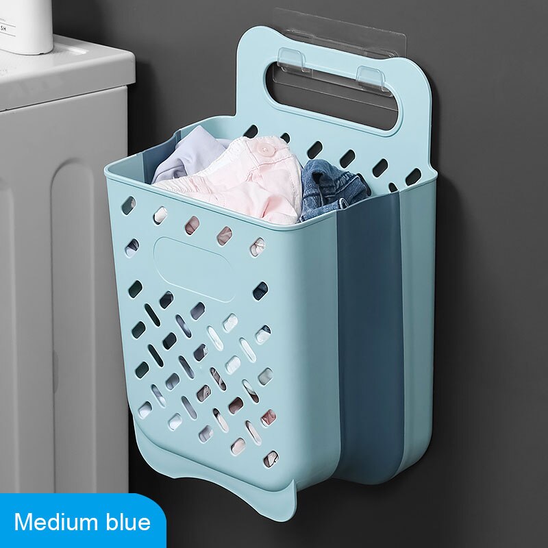 Bathroom Folding Dirty Clothes Storage Basket Laundry Basket Household Wall Hanging Large Portable Punch-Free Put Clothes Bucket: Medium Blue Basket