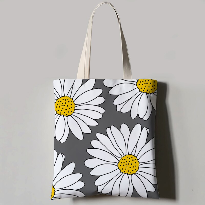 Moda crisântemo impressão feminina sacola lona reutilizável sacos de compras sacos de ombro para senhoras bolsas