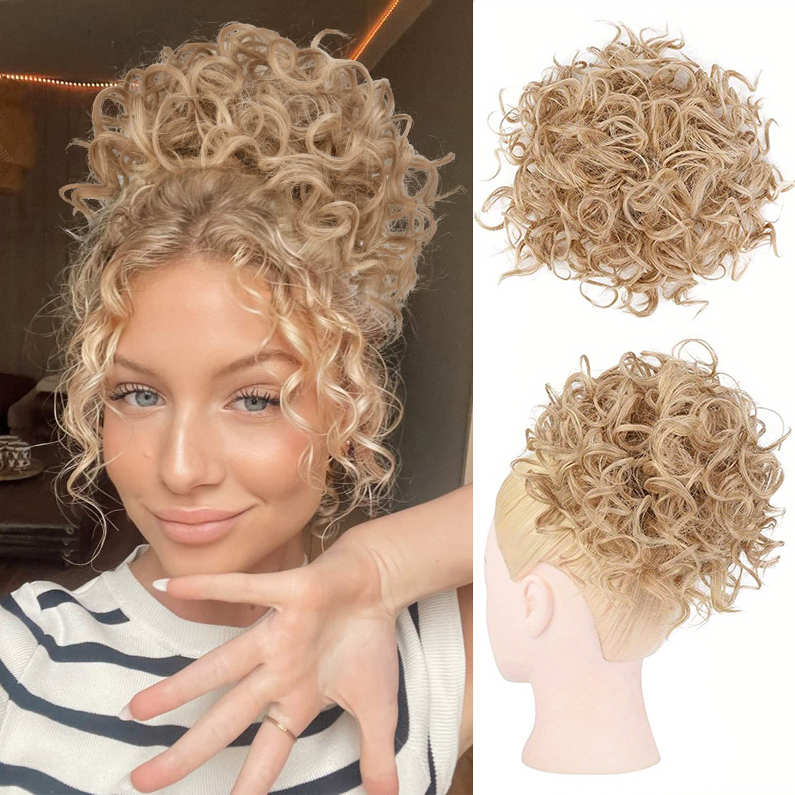 Coque de cabelo bagunçado, peça de cabelo com cordão elástico, onda solta, grande coque encaracolado, 60 gramas, extensão de rabo de cavalo sintético curto para mulheres